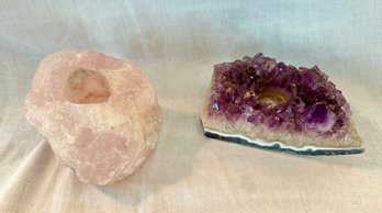 Lot Of Two Votive Candles Cut In Rose Quartz And Amethyst Stones