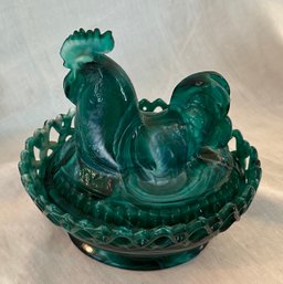 Imperial Deep Green Slag Glass Rooster Covered Dish