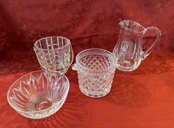 Lot Of Four Crystal Pieces - Two Ice Buckets, Pitcher And Bowl