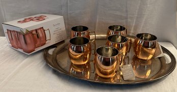 Set Of 6 Moscow Mule Mugs, Sur La Table W/ Oval Tray