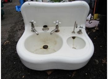 Vintage Cast Iron White Porcelain Double Basin Dentist Wall Sink