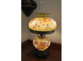 Glass Hurricane Lamp With A Floral Design