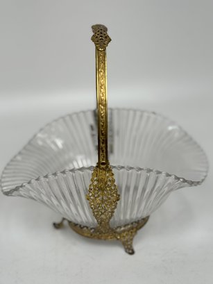 Elegantly Crafted Vintage Glass Bowl With Ornate Metal Holder