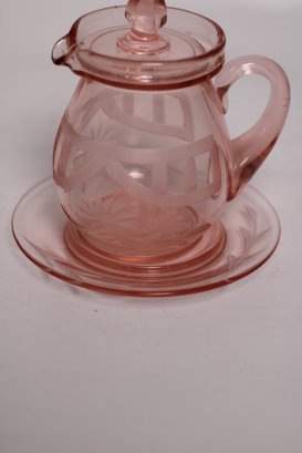 Vintage Pink Depression Glass Tea Set With Saucer And Etched Design