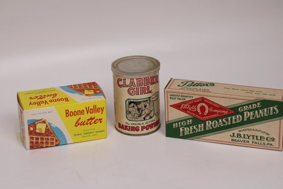 Nostalgic Trio: Vintage Kitchen Brand Memorabilia  Boone Valley, Clabber Girl, J.B. Lytle Packaging