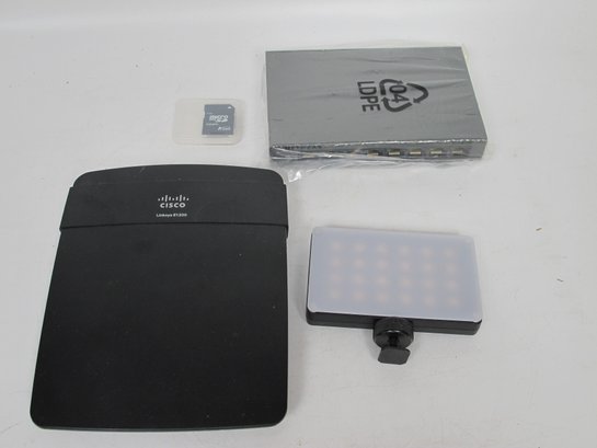 Electronics Bundle: Viltrox LED Light, Cisco Linksys Router, Netgear Ethernet Switch, MicroSD Adapter