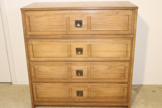 Vintage Mid-Century Modern Oak Dresser With Brass Hardware Pulls