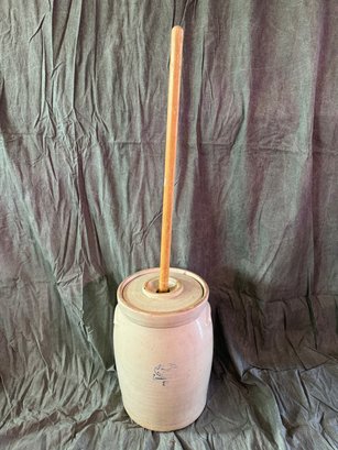 Antique 3-Gallon Stoneware Crock Butter Churn With Wooden Dasher