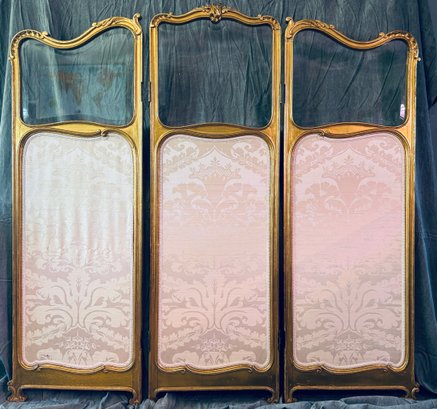Antique Gilded Wooden 3-Panel Screen With Silk Panels In Louis XV Style, 19th Century