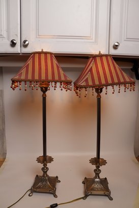 Pair Of Frederick Cooper Bronze Table Lamps With Striped Shades And Beaded Tassels