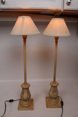 Vintage Carved Wooden Table Lamps With Fabric Shades - A Pair