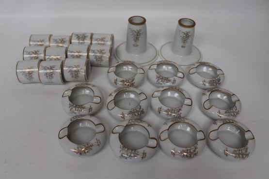Vintage Japanese Porcelain Napkin Rings, Ashtrays, And Candle Holders Set