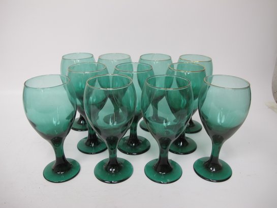 Set Of 11 Green Libbey Teardrop Juniper Wine Water Goblets Glasses W/Gold Trim