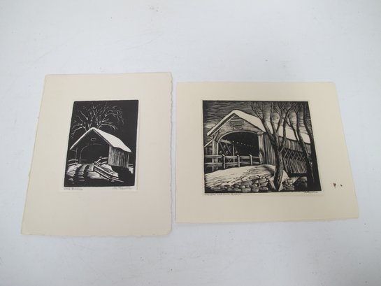 Pair Of A. Squire Woodcut Prints - 'Old Bridge' & 'The Old Ledyard Bridge'