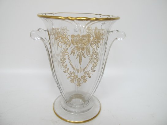 Vintage Etched Glass Vase With Gold Trim And Floral Design