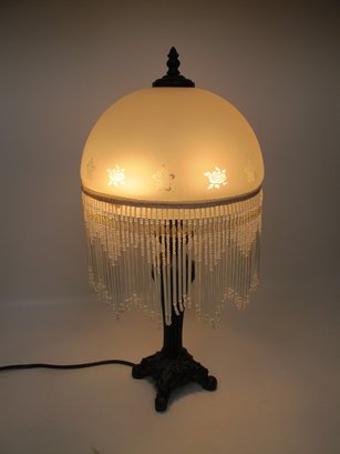 Vintage Boudoir Lamp - Glass Shade And Beaded Fringe - Accent Lamp