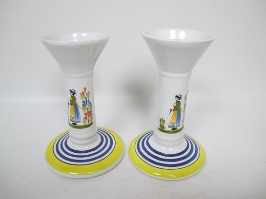 Pair Of Hand-Painted Italian Ceramic Candlesticks