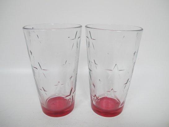 Pair Of Vintage Star Pattern Glass Tumblers With Red Base