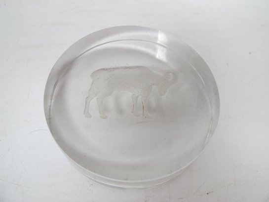 Clear Glass Paperweight With Embedded Ram Figure