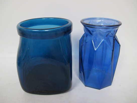 Pair Of Vintage Blue Glass Vases - Unique Shapes And Elegant Design