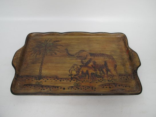 Vintage Hand-Painted Wooden Serving Tray With Elephant Design