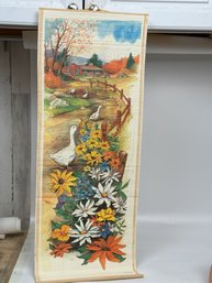 Reversible Vintage Bamboo Scroll Wall Hanging With Rustic Country And Welcoming Ducks Art - 1990