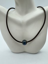 Minimalist Leather Cord Necklace With Blue Bead  Understated Chic