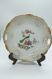 Vintage Bavaria Peacock Roses Iridescent Dish With Handles