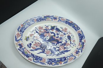 Japanese Blue And White Ceramic Porcelain Bird Scene 18' Oval Platter Dish