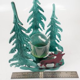 Green Metal Elk Tree Candle Sconce - Glass Votive, Winter Forest Candleholder