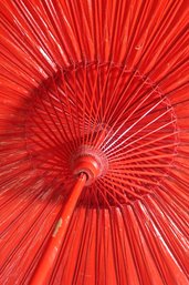 Vintage Asian Red Paper And Wood Umbrella