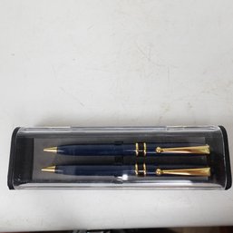 Elegant Navy And Gold Trim Metal Ballpoint Pen Set - Sleek Pocket Clip Design