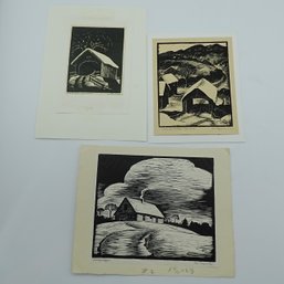 Vintage A. Squire Signed Woodcut Prints Collection  Rustic Vermont Landscapes  Early 20th Century Americana