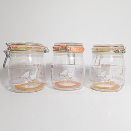 Set Of 3 Vintage Niveau De Remplissage Duck Hearts Luninarc Made In France 3/4 L Glass Canister