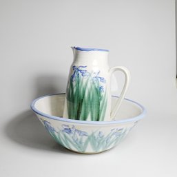 Vintage Iris Pottery Washbowl And Pitcher Signed