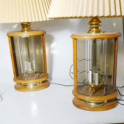 Vintage Smoked Glass Panel Wood And Brass Pair Of Table Lamps