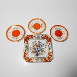 Japanese Imari, Enamel Floral Square Bowl And 3 Made In Occupied Japan Small Plates