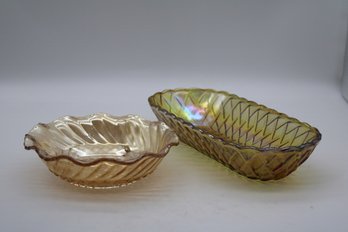 Vintage Indiana Glass Amber Carnival Glass Dish Set With Basket Weave And Marigold Tints