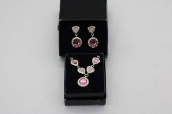 Elegant Avon Legacy Riches Necklace And Earring Set With Faux Pink And Clear Stones In Silver Tone