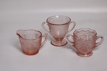 Exquisite Set Of Pink Depression Glass - Sugar Bowl, Creamer, And Footed Cups