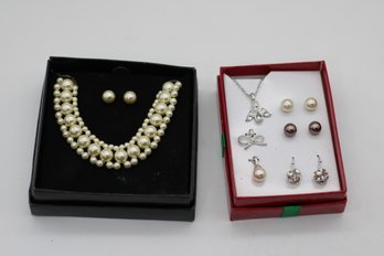 Elegant Jewelry Ensemble: Pearl Necklace, Earrings, And Silver-Tone Accent Pieces Set