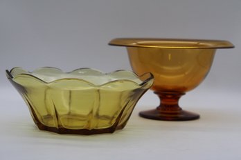Elegant Vintage Amber Depression Glass Compote & Swedish Modern Bowl By Anchor Hocking