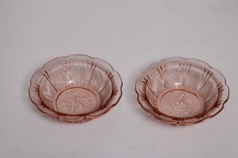 Pair Of Pink Depression Glass Bowls With Etched Floral Designs