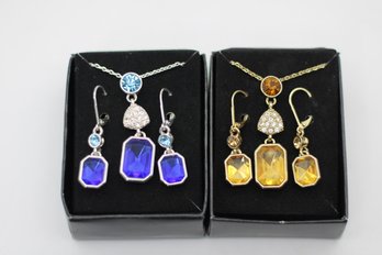 Avon Sparkle Surprise Necklace And Earrings Sets In Silver And Gold Tone With Blue And Topaz Colored Stones