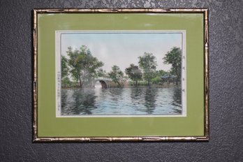 Exquisite Hand-Colored Silk Artwork - Traditional Chinese Scenery With Bridge And Pavilion - Elegantly Framed