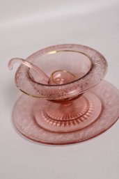 Elegant Pink Depression Glass 3-Piece Mayonnaise Set With Gold Trim
