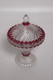 Exquisite Vintage Glass Candy Dish With Ruby Red Accents