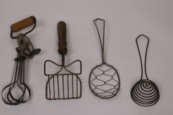 Collection Of Vintage Kitchen Tools  Beaters, Mashers, And Strainers