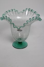 Handcrafted Cracked Glass Vase With Aqua Blue Accents