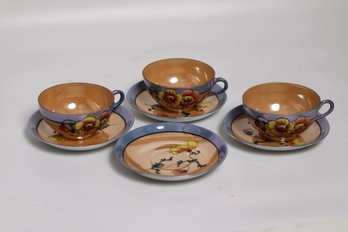 Vintage Japanese Lusterware Tea Cup Set With Floral Design